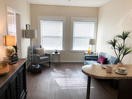 Living room with seating, natural light, and decorative elements.