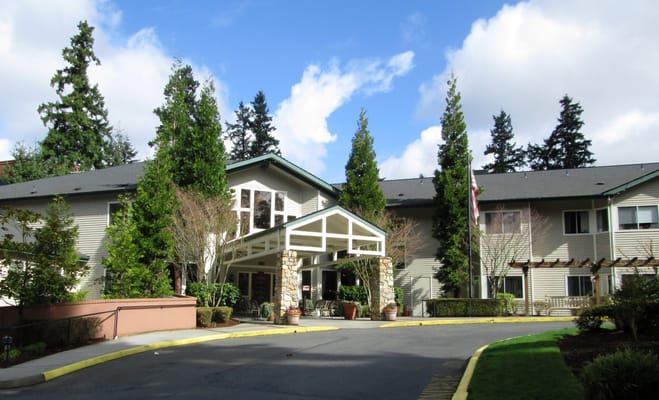 View of the entrance of Overlake Terrace with landscaped surroundings