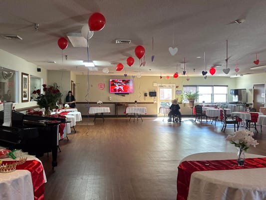 Interior of a decorated activity room for residents