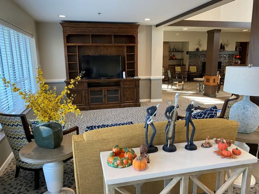 Bright interior common area with seasonal decorations