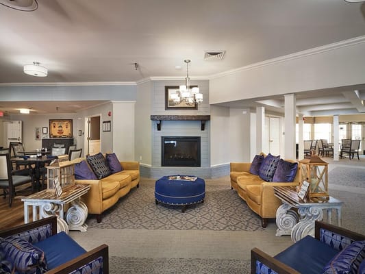 Elegant living room with sofas, fireplace, and dining area