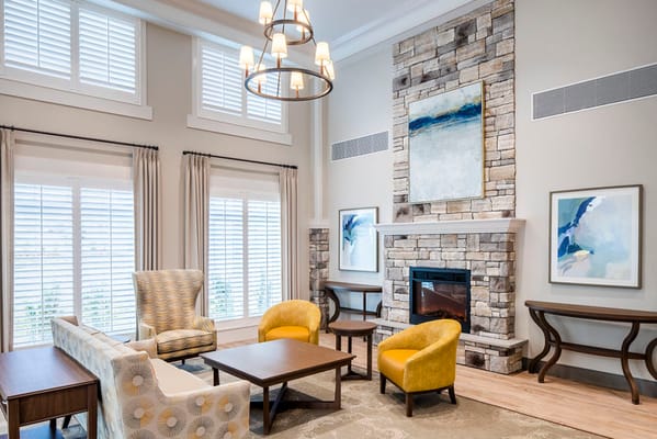 Cozy living room with a fireplace and modern seating