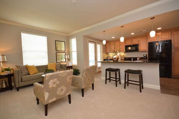 Comfortable living area with seating and a kitchen view