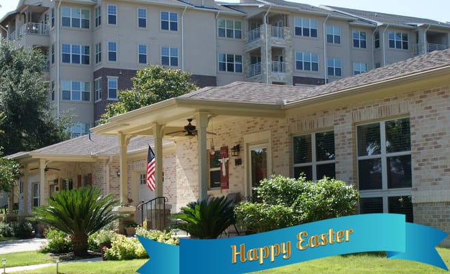 Exterior view of Legacy Health Care of Edenhill with a festive Easter banner