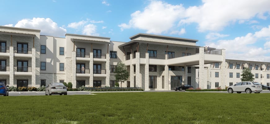Modern senior living facility exterior in Georgetown, TX
