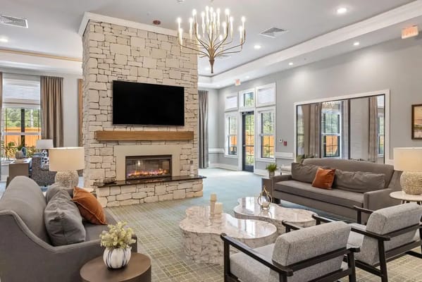 Elegant living room with fireplace and seating area