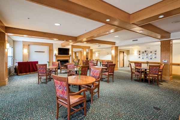 Bright dining room with wooden tables and colorful chairs