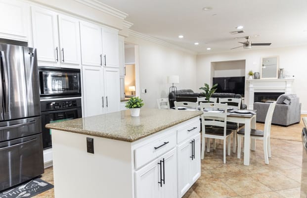 Modern kitchen and dining area in a senior living facility