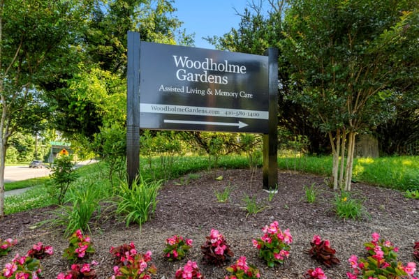 Sign for Woodholme Gardens assisted living and memory care facility