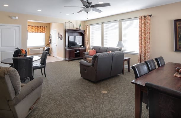 Interior view of a cozy common area with furniture
