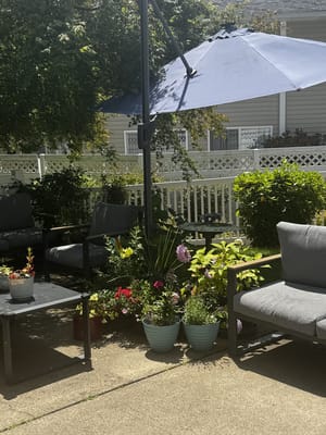 Patio lounge area with flowers and a large umbrella