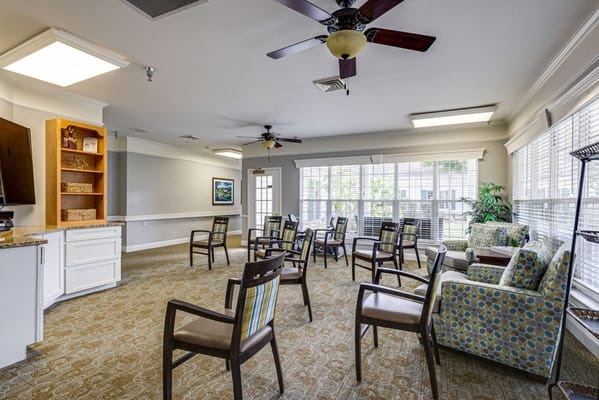 Bright interior common area with seating