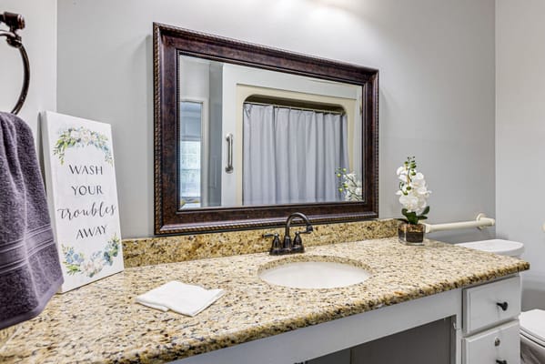 Well-lit bathroom with granite countertop and decorative elements