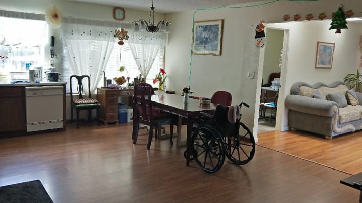 Bright and inviting common area of a care home