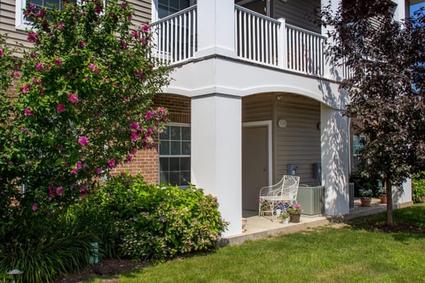 Outdoor seating area with landscaping