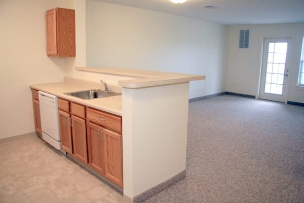 Interior view of a resident unit kitchen and living area