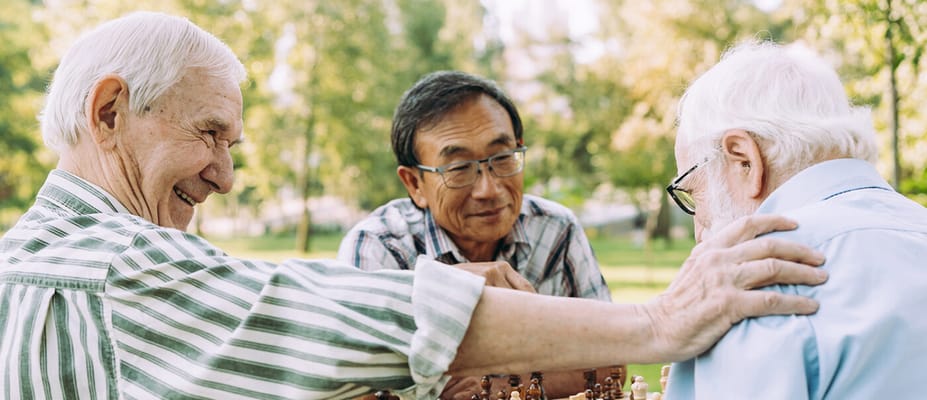 Seniors playing chess outdoors in the park