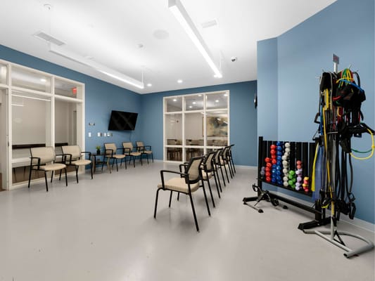 Interior activity room with exercise equipment