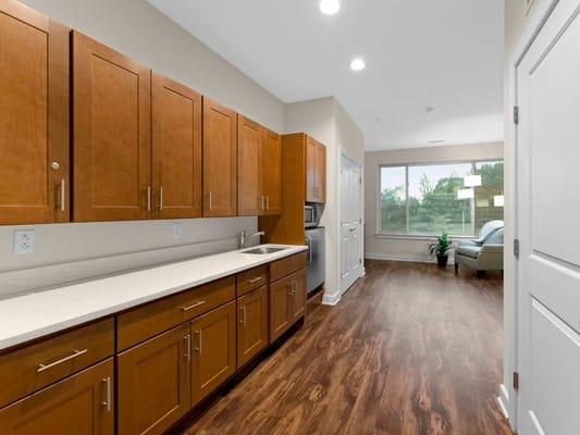 Interior view of a kitchen area in a senior living facility