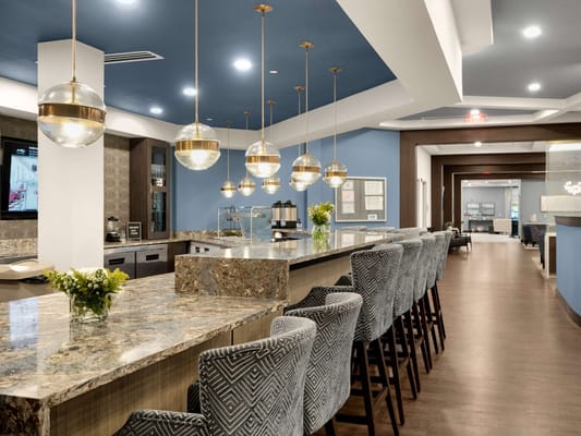 Modern interior of a common area with seating and bar