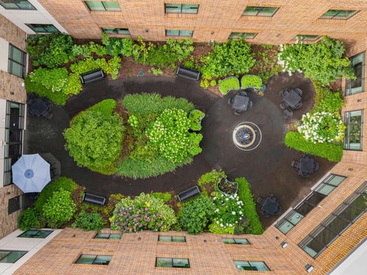 Aerial view of a lush garden courtyard with benches