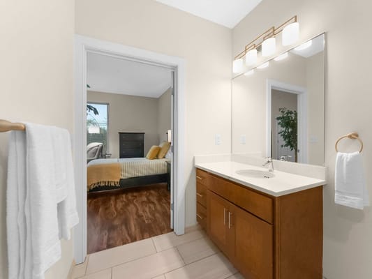 Bright bathroom with modern fixtures and view to bedroom
