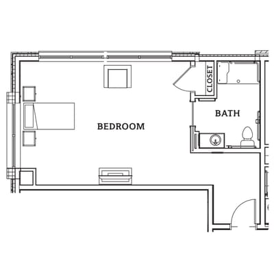 Architectural floor plan of a bedroom and bath