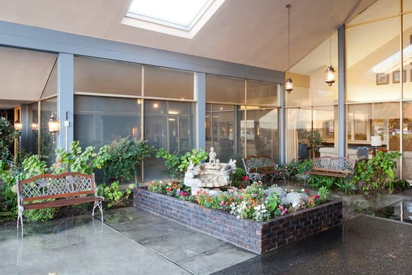 Outdoor garden area with benches and flowers