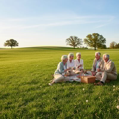 Seniors enjoying a picnic on a green lawn