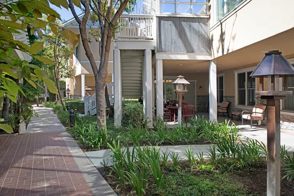 Well-maintained outdoor pathway with seating and greenery
