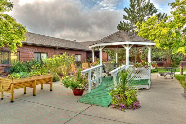 Outdoor gazebo surrounded by greenery in a courtyard