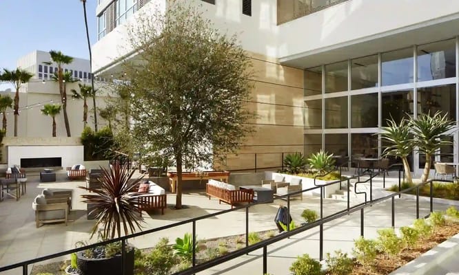 Well-maintained outdoor space with seating areas