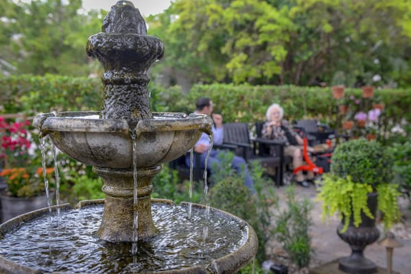 A serene garden with a fountain and residents chatting
