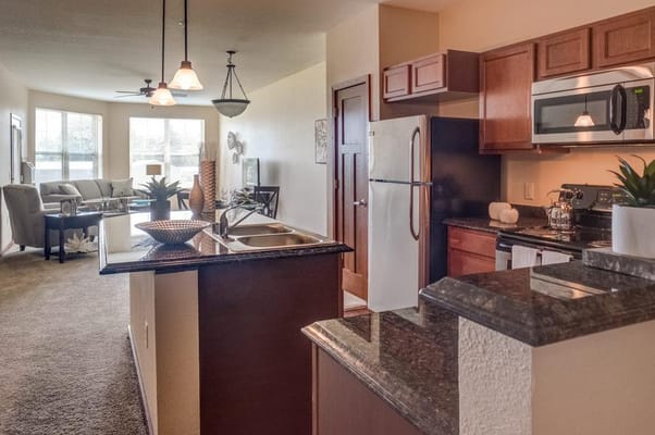 Bright and spacious kitchen area in a senior living unit