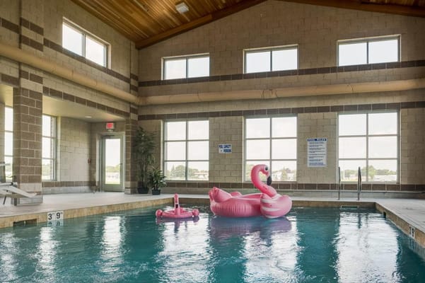 Indoor swimming pool with pink floats