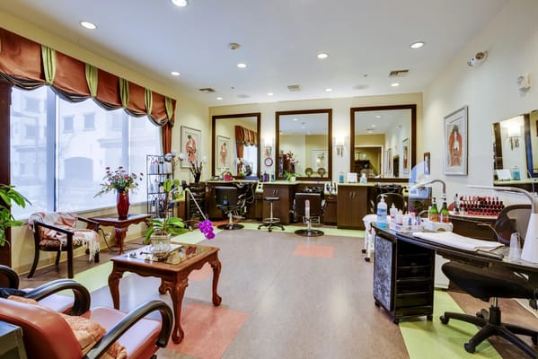 Interior of a salon with hair and nail stations