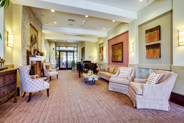Interior view of a cozy common area with seating