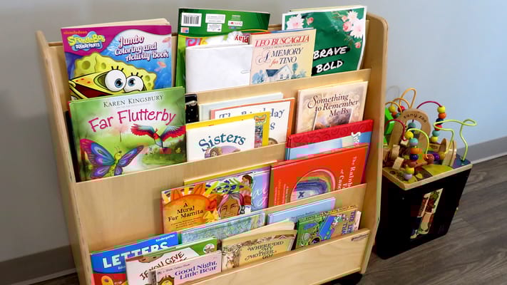 Bookshelf filled with children's books and toys
