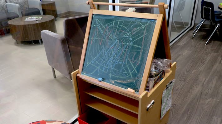Chalkboard with colorful drawings in an activity room