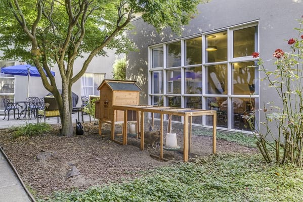 Outdoor garden area with animal enclosure and seating
