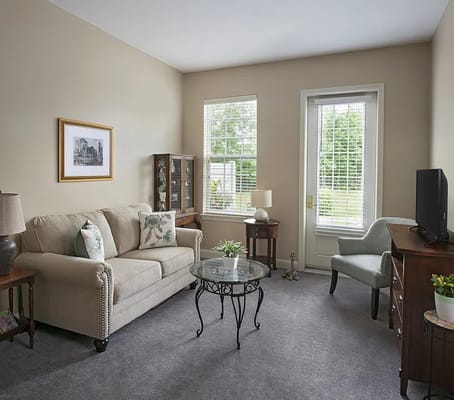 Cozy living room area in a senior living facility