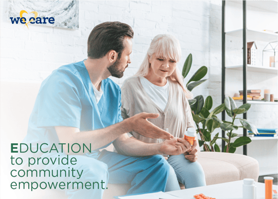 Nurse discussing medication with a resident in a bright room