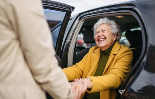 Elderly woman joyfully greeting a visitor outside a car