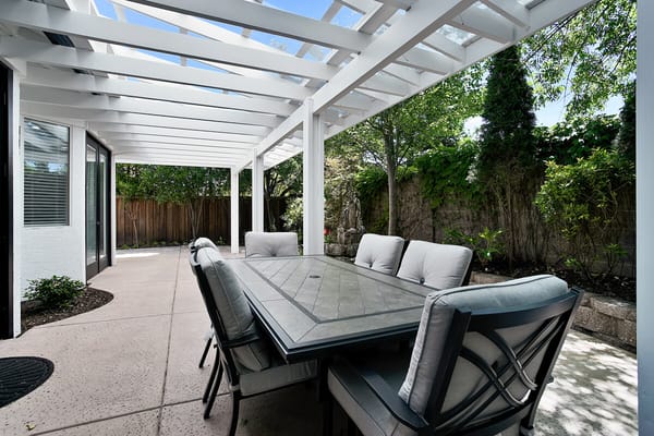 Outdoor dining area with shaded seating