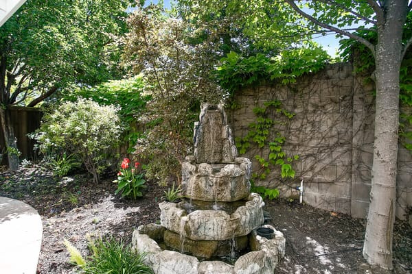 A peaceful outdoor fountain area surrounded by greenery