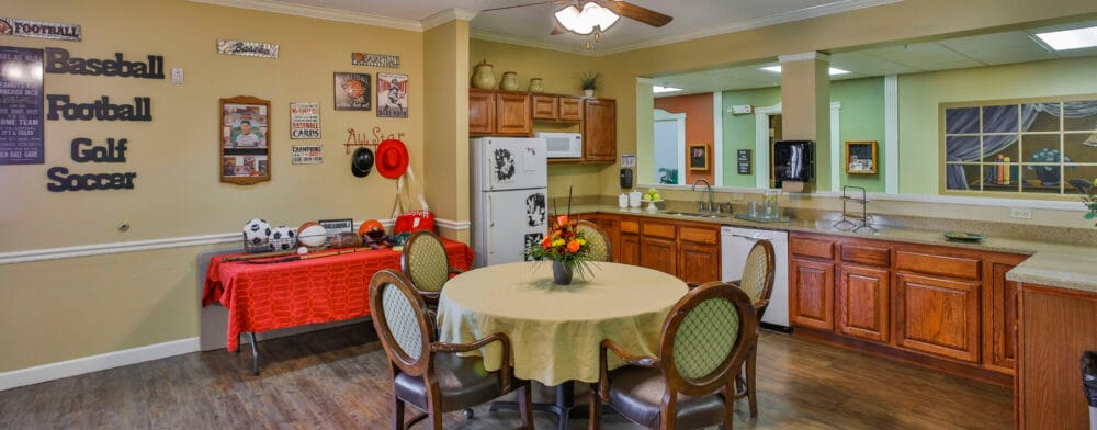 Interior view of a common area with a table and decorations