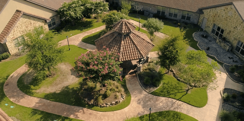Aerial view of a landscaped courtyard with a gazebo