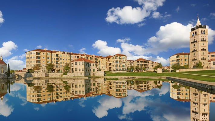 Panoramic view of the Bell Tower Reserve Adriatica building and reflection