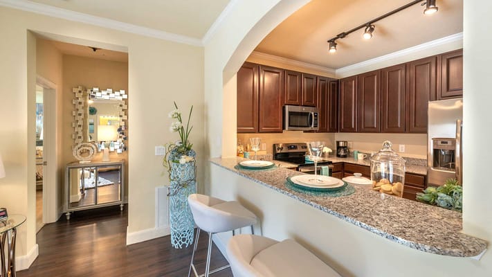 Bright interior kitchen area with modern furnishings
