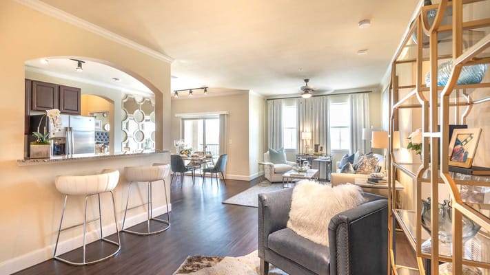 Bright and modern common area in a senior living facility
